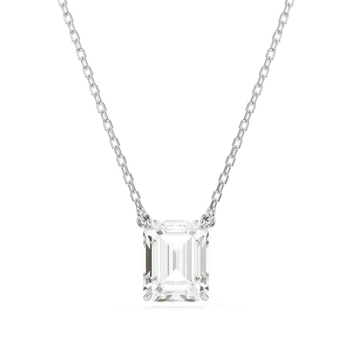 Swarovski Stilla Emerald Cut White Crystal Solitaire Necklace in White Rhodium Plating