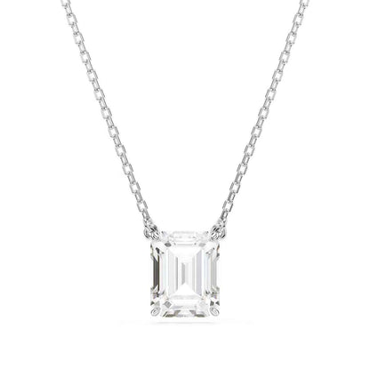 Swarovski Stilla Emerald Cut White Crystal Solitaire Necklace in White Rhodium Plating