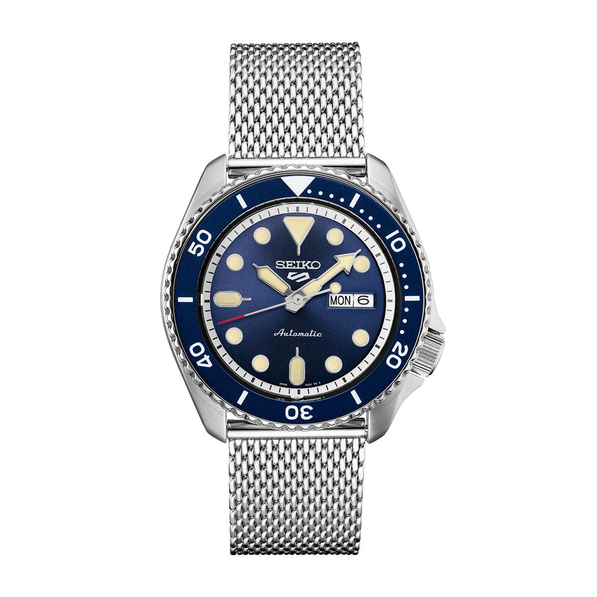 seiko 5 sport mesh band blue dial watch