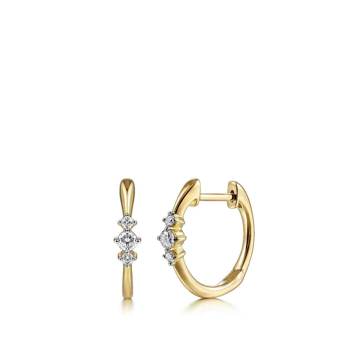 Gabriel & Co. 1/10 ct. tw. 3-Stone Diamond Huggie Hoop Earrings in 14K Yellow Gold
