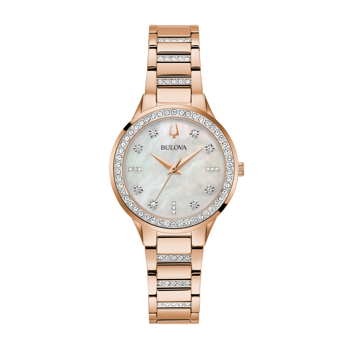 Bulova Ladies' Crystal Collection Quartz Pink Gold-Tone Stainless Steel Watch Box Set with Crystal Accent Heart front view