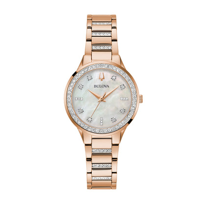 Bulova Ladies' Crystal Collection Quartz Pink Gold-Tone Stainless Steel Watch Box Set with Crystal Accent Heart front view