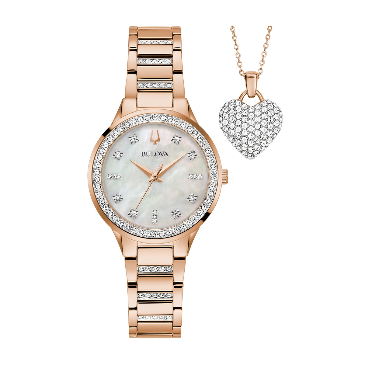 Bulova Ladies' Crystal Collection Quartz Pink Gold-Tone Stainless Steel Watch Box Set with Crystal Accent Heart Pendant