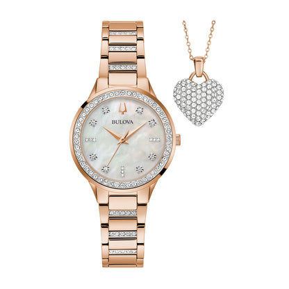 Bulova Ladies' Crystal Collection Quartz Pink Gold-Tone Stainless Steel Watch Box Set with Crystal Accent Heart Pendant