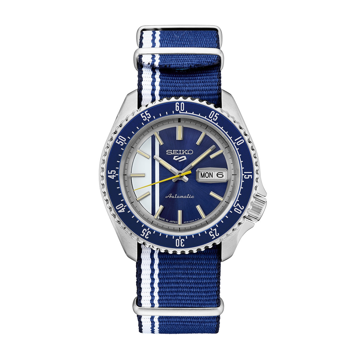 Seiko Men's 5 Sports Automatic Stainless Steel Watch with Blue & White Striped Dial & Nylon Strap