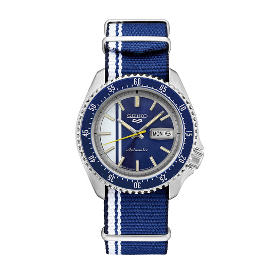 Seiko Men's 5 Sports Automatic Stainless Steel Watch with Blue & White Striped Dial & Nylon Strap