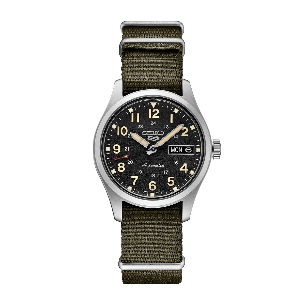 Seiko Men's 5 Sports Automatic Stainless Steel Watch with Black Dial & Green Nylon Strap