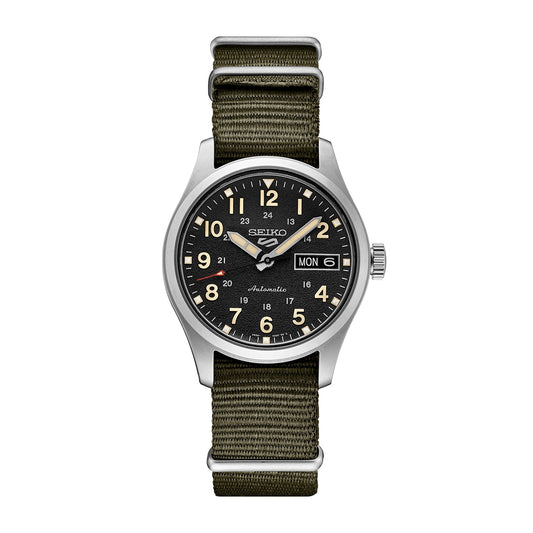 Seiko Men's 5 Sports Automatic Stainless Steel Watch with Black Dial & Green Nylon Strap