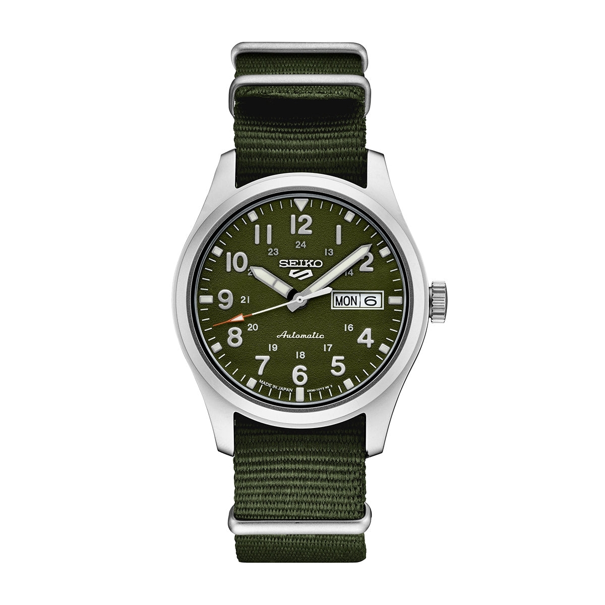 Seiko Men's 5 Sports Automatic Stainless Steel Watch with Green Dial & Nylon Strap