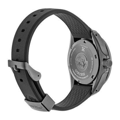 Seiko Men's Prospex Automatic Black Stainless Steel Watch with Black Dial close-up detail (2)