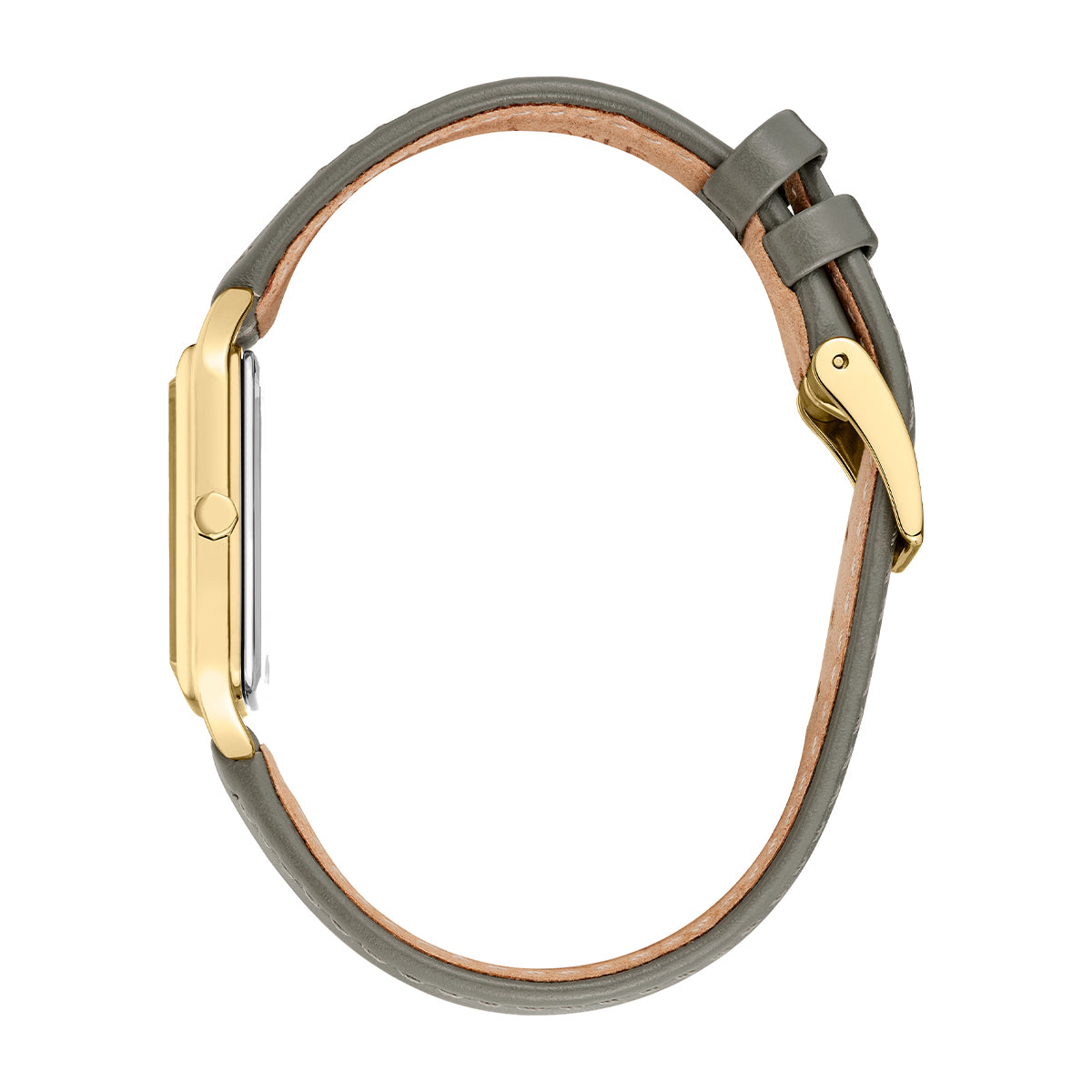 Seiko women’s watch with champagne grid-pattern dial and gray leather strap