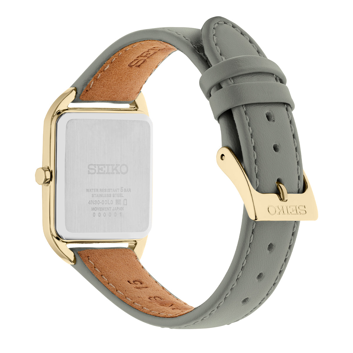 Seiko women’s watch with champagne grid-pattern dial and gray leather strap