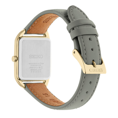 Seiko women’s watch with champagne grid-pattern dial and gray leather strap