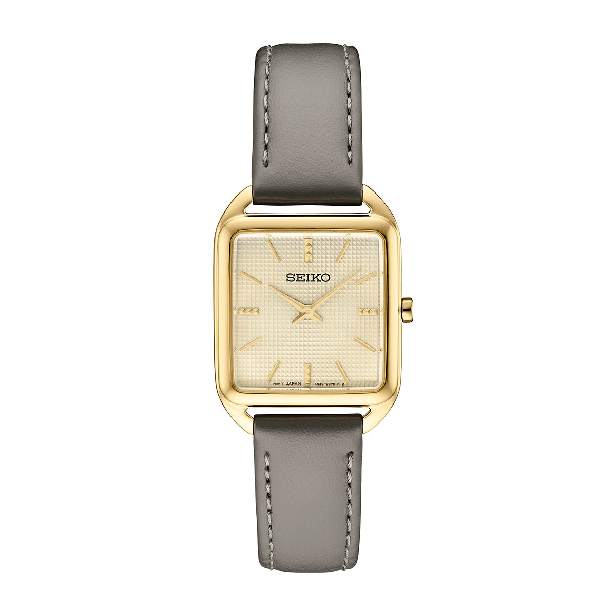 Seiko women’s watch with champagne grid-pattern dial and gray leather strap