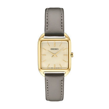 Seiko women’s watch with champagne grid-pattern dial and gray leather strap