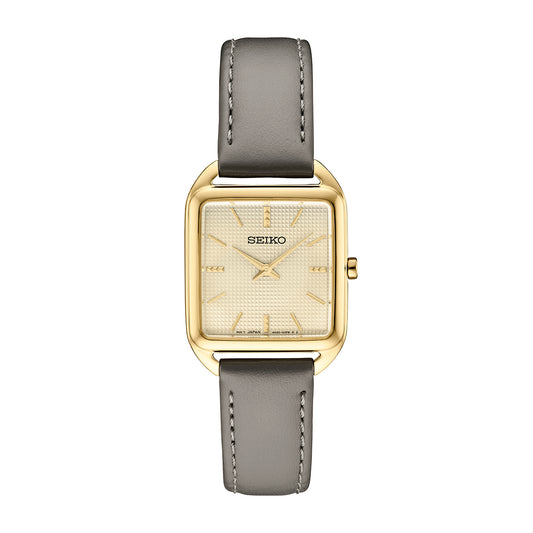 Seiko women’s watch with champagne grid-pattern dial and gray leather strap