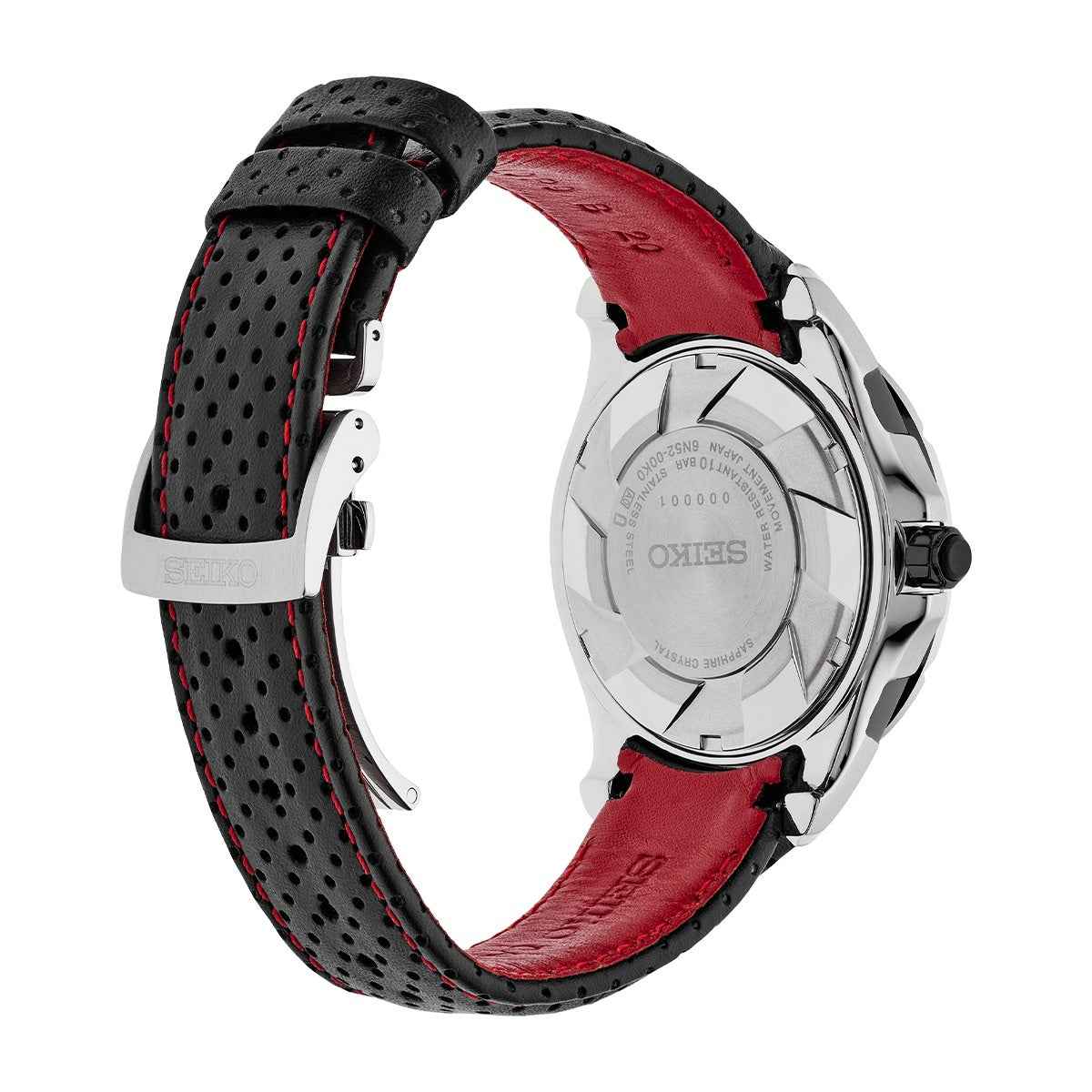 Seiko Men's Coutura Automatic Stainless Steel Watch with Red Dial & Black leather Strap close-up detail