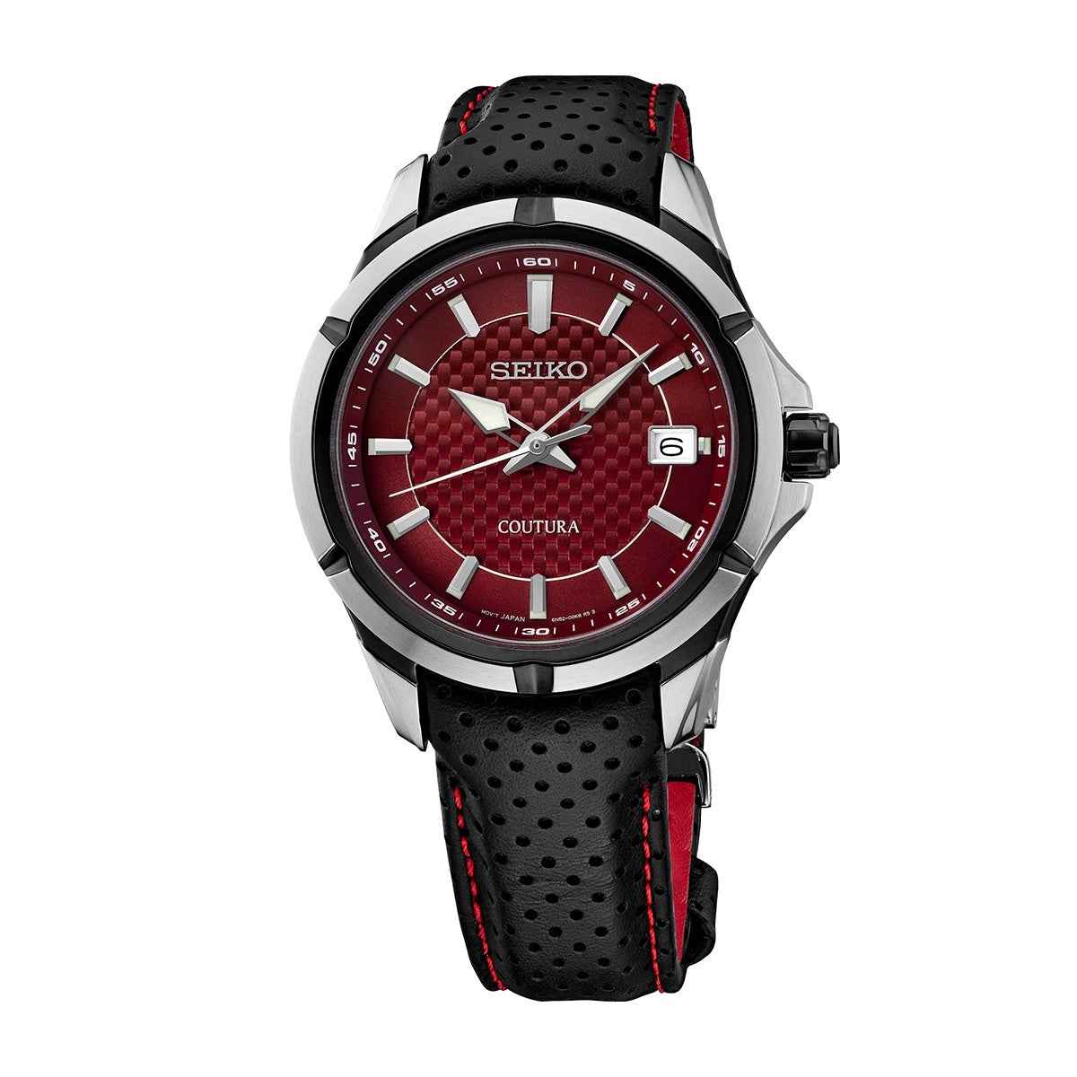 Seiko Men's Coutura Automatic Stainless Steel Watch with Red Dial & Black leather Strap