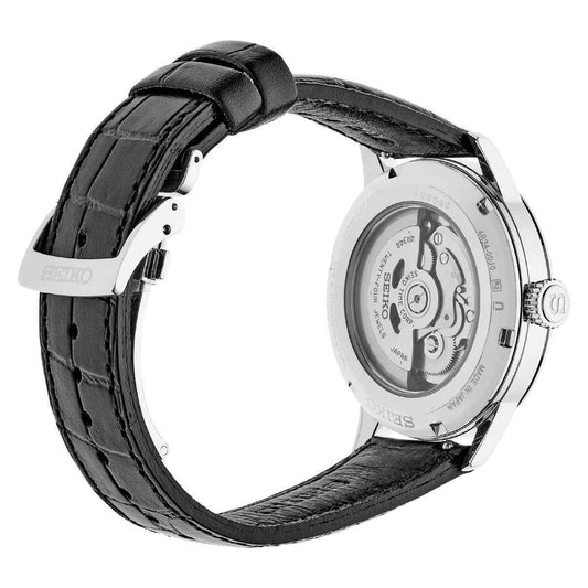 Seiko Men's Presage Cocktail Automatic Stainless Steel Watch with Brown Dial & Black Leather Strap close-up detail
