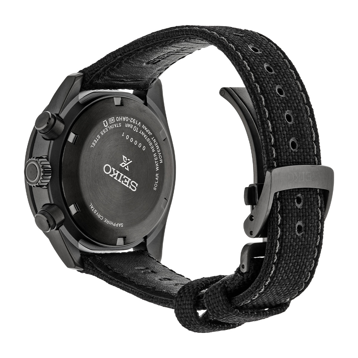 Seiko Prospex Speedtimer solar chronograph with black dial, black ceramic tachymeter bezel and black nylon strap