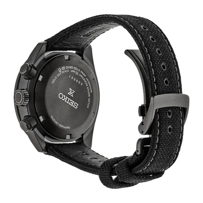 Seiko Prospex Speedtimer solar chronograph with black dial, black ceramic tachymeter bezel and black nylon strap