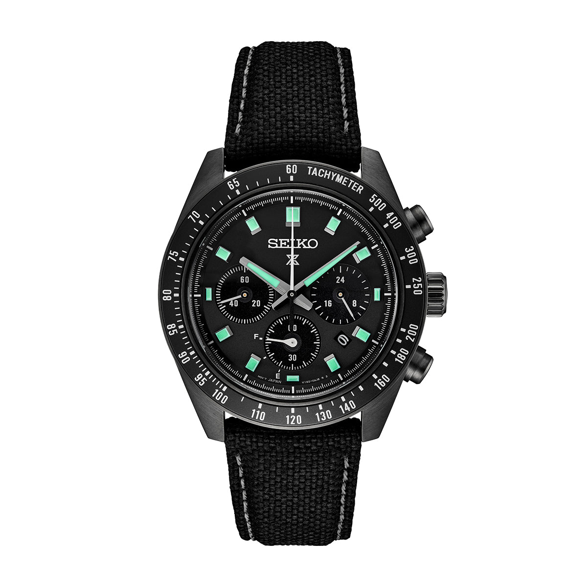 Seiko Prospex Speedtimer solar chronograph with black dial, black ceramic tachymeter bezel and black nylon strap