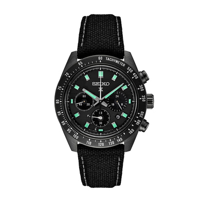 Seiko Prospex Speedtimer solar chronograph with black dial, black ceramic tachymeter bezel and black nylon strap