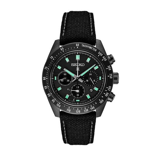 Seiko Men's Speedtimer Solar Black Stainless Steel Watch with Black Dial & Nylon Strap