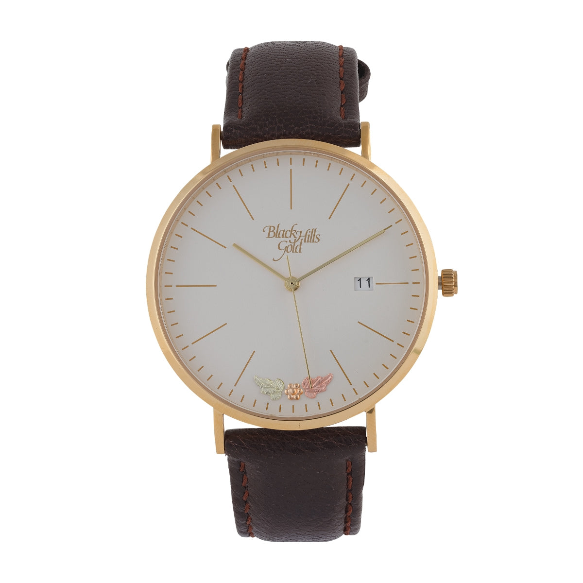 Black Hills Gold Men's Quartz Gold-Tone Stainless Steel Watch with White Dial & Brown Leather Strap