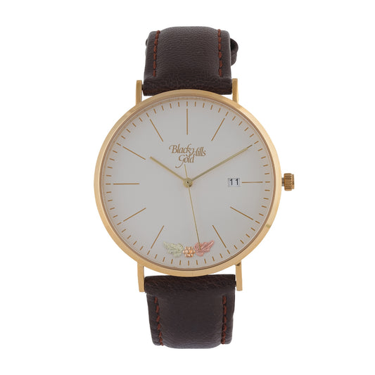Black Hills Gold Men's Quartz Gold-Tone Stainless Steel Watch with White Dial & Brown Leather Strap