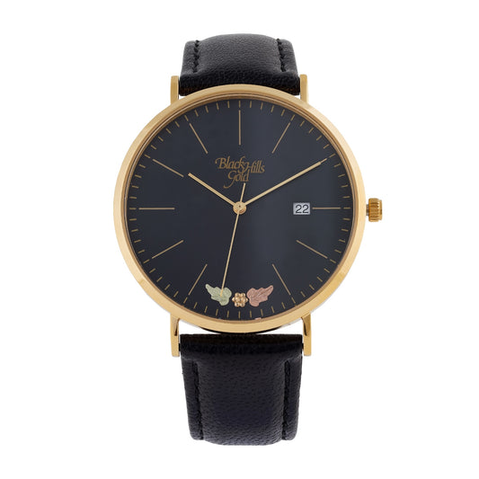 Black Hills Gold Men's Quartz Gold-Tone Stainless Steel Watch with Black Dial & Leather Strap