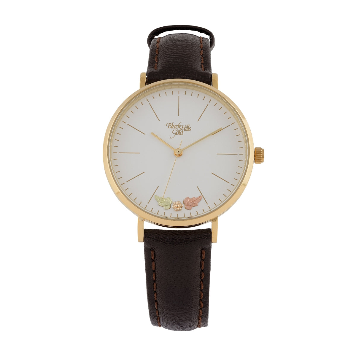 Black Hills Gold Ladies' Quartz Gold-Tone Stainless Steel Watch with White Dial & Brown Leather Strap