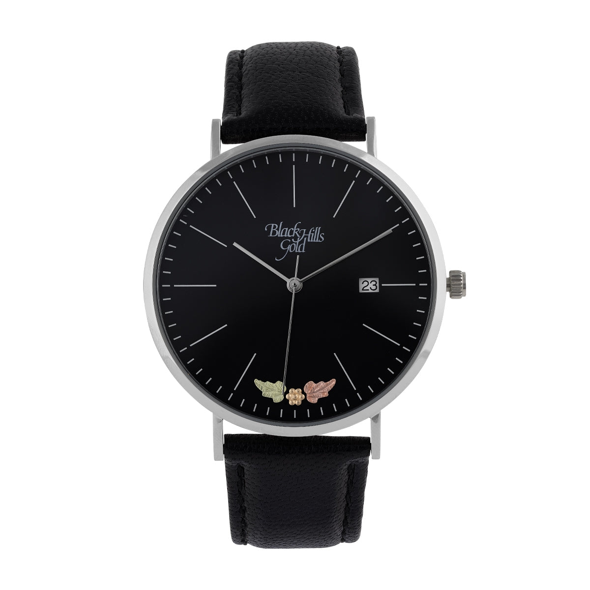 Black Hills Gold Men's Quartz Stainless Steel Watch with Black Dial & Leather Strap