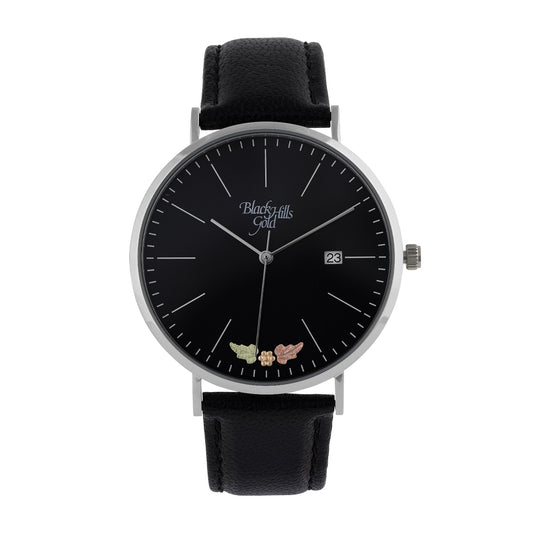 Black Hills Gold Men's Quartz Stainless Steel Watch with Black Dial & Leather Strap