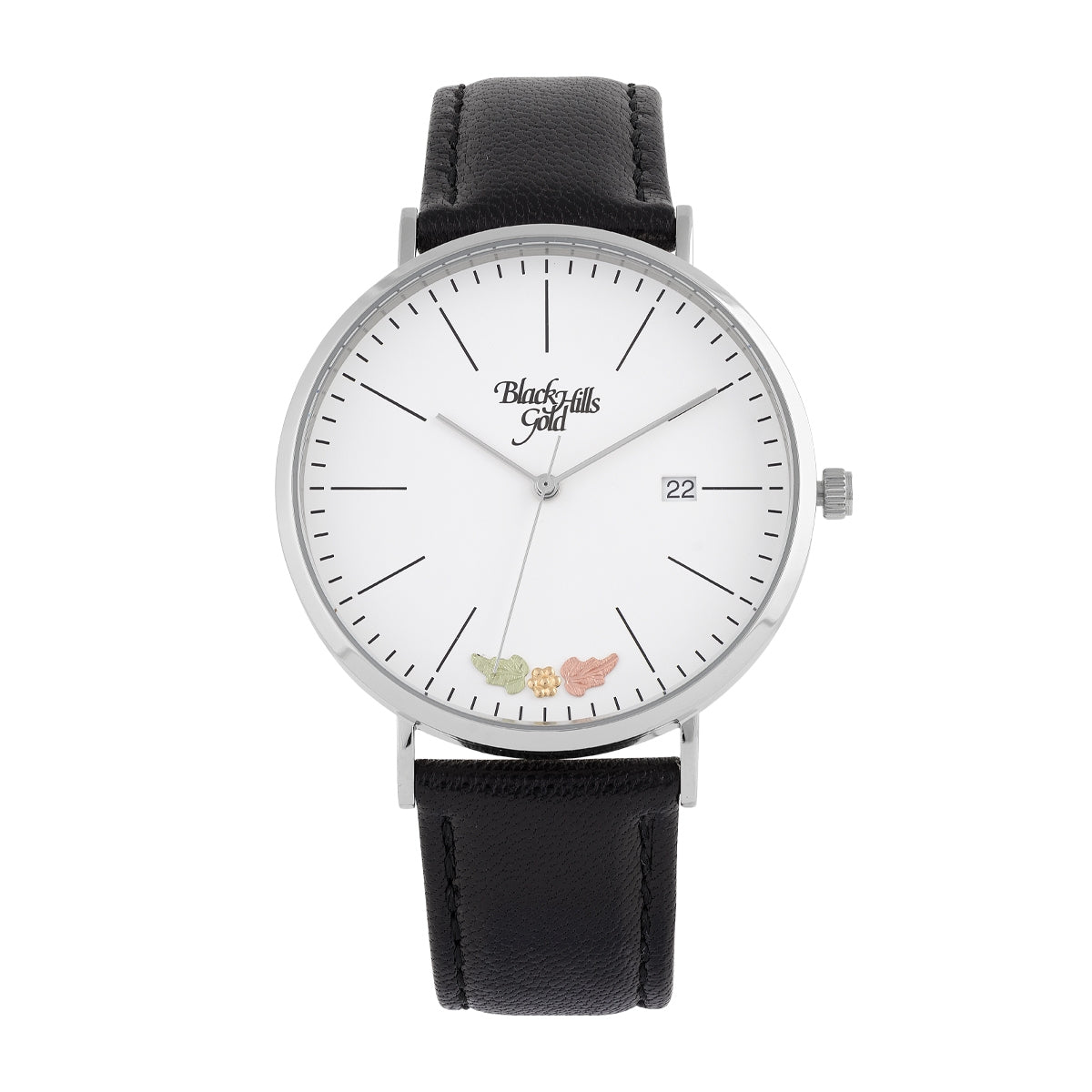 Black Hills Gold Men's Quartz Stainless Steel Watch with White Dial & Black Leather Strap