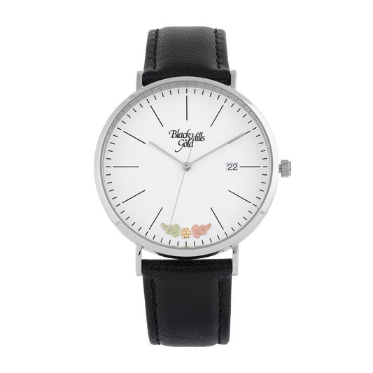 Black Hills Gold Men's Quartz Stainless Steel Watch with White Dial & Black Leather Strap
