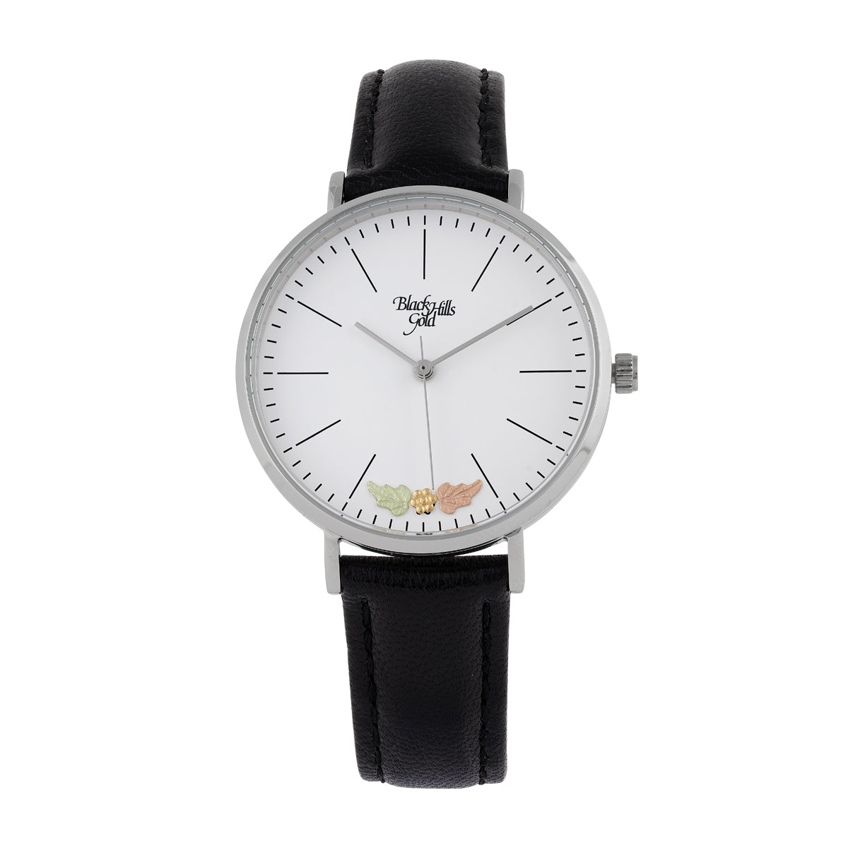 Black Hills Gold Ladies' Quartz Stainless Steel Watch with White Dial & Black Leather Strap