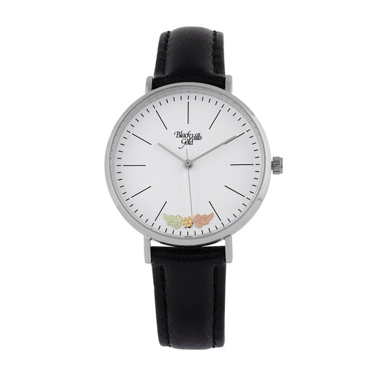Black Hills Gold Ladies' Quartz Stainless Steel Watch with White Dial & Black Leather Strap
