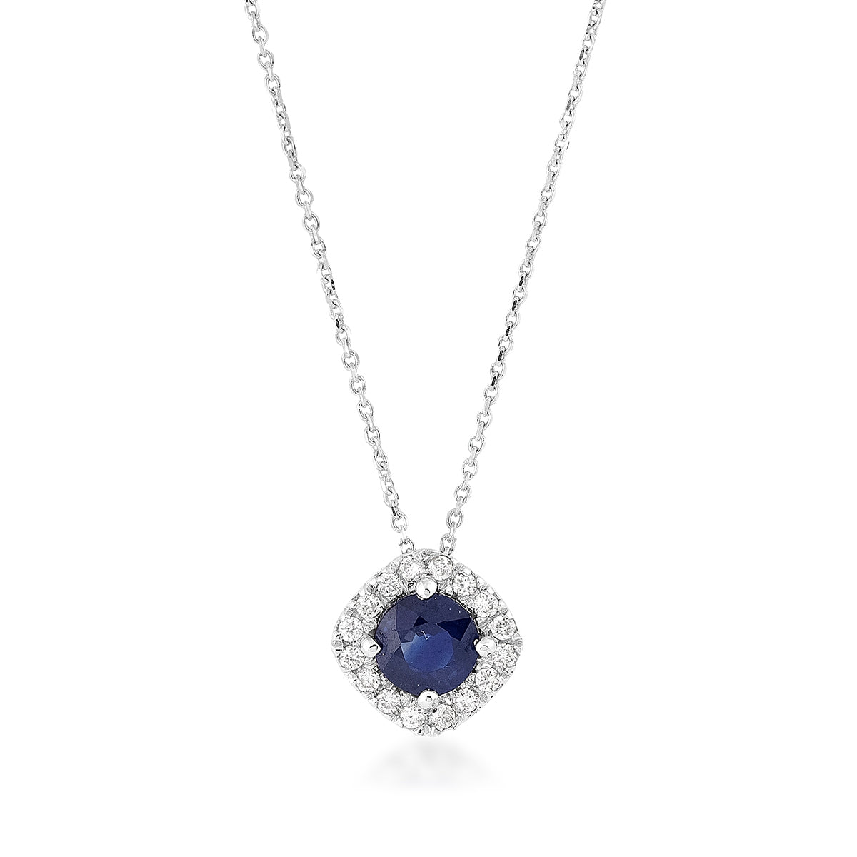 Round Sapphire & Diamond Accent Halo Pendant in 14K White Gold