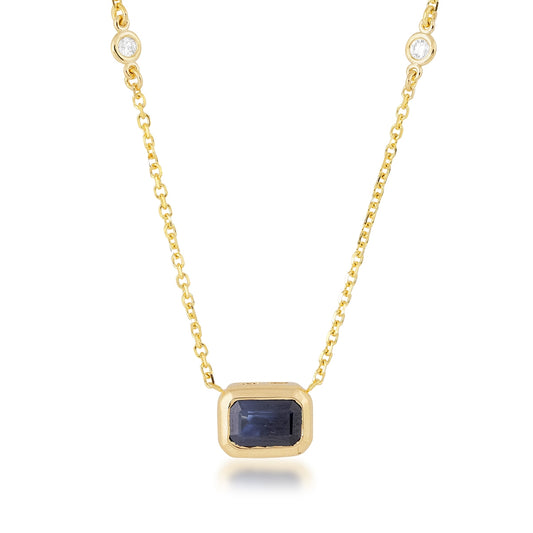 Radiant Cut Sapphire & Diamond Accent Bezel Necklace in 14K Yellow Gold