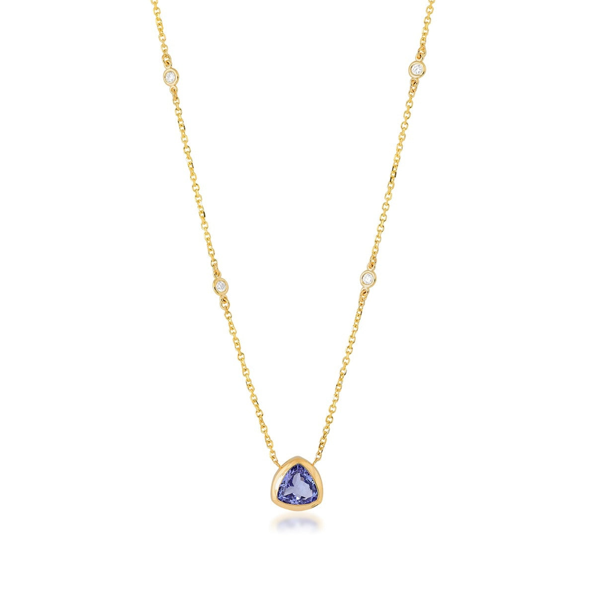 Trillion Tanzanite & Diamond Accent Bezel Necklace in 14K Yellow Gold front view