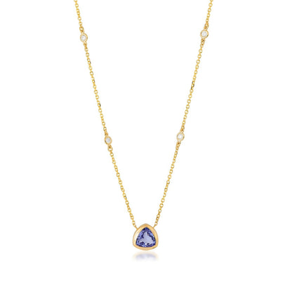 Trillion Tanzanite & Diamond Accent Bezel Necklace in 14K Yellow Gold front view