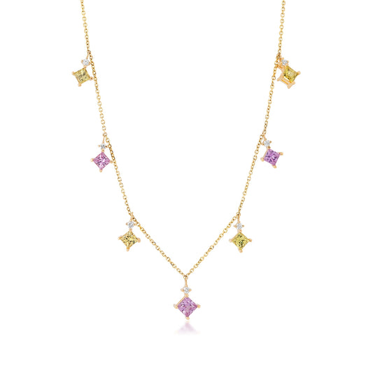 Princess Cut Pink & Yellow Sapphire & 1/7 ct. tw. Diamond Station Necklace in 14K Yellow Gold