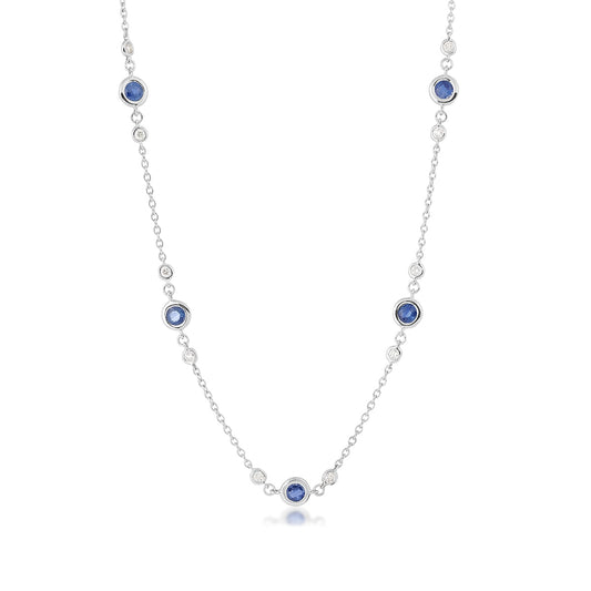 Round Sapphire & 1/2 ct. tw. Diamond Bezel Station Necklace in 14K White Gold