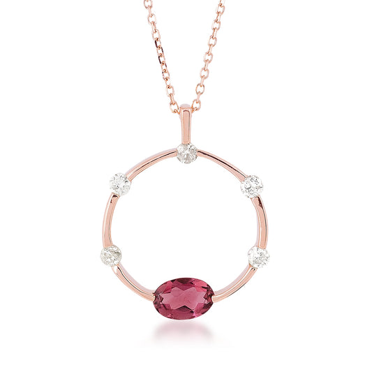 Oval Pink Tourmaline & 1/5 ct. tw. Diamond Circle Pendant in 14K Pink Gold