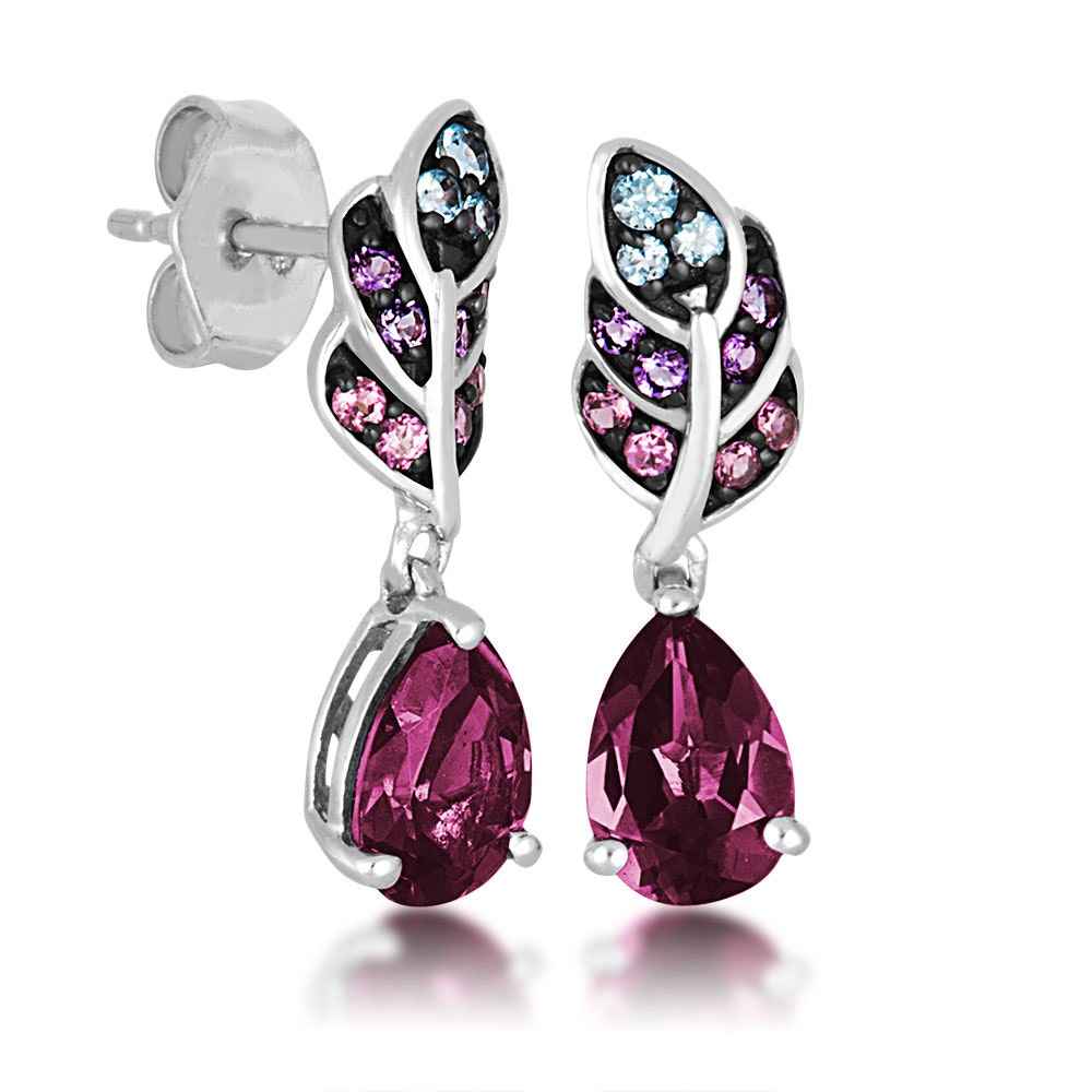 Genuine Pear Shaped Brazilian Garnet Blue Topaz & Amethyst Feather Earrings in Sterling Silver