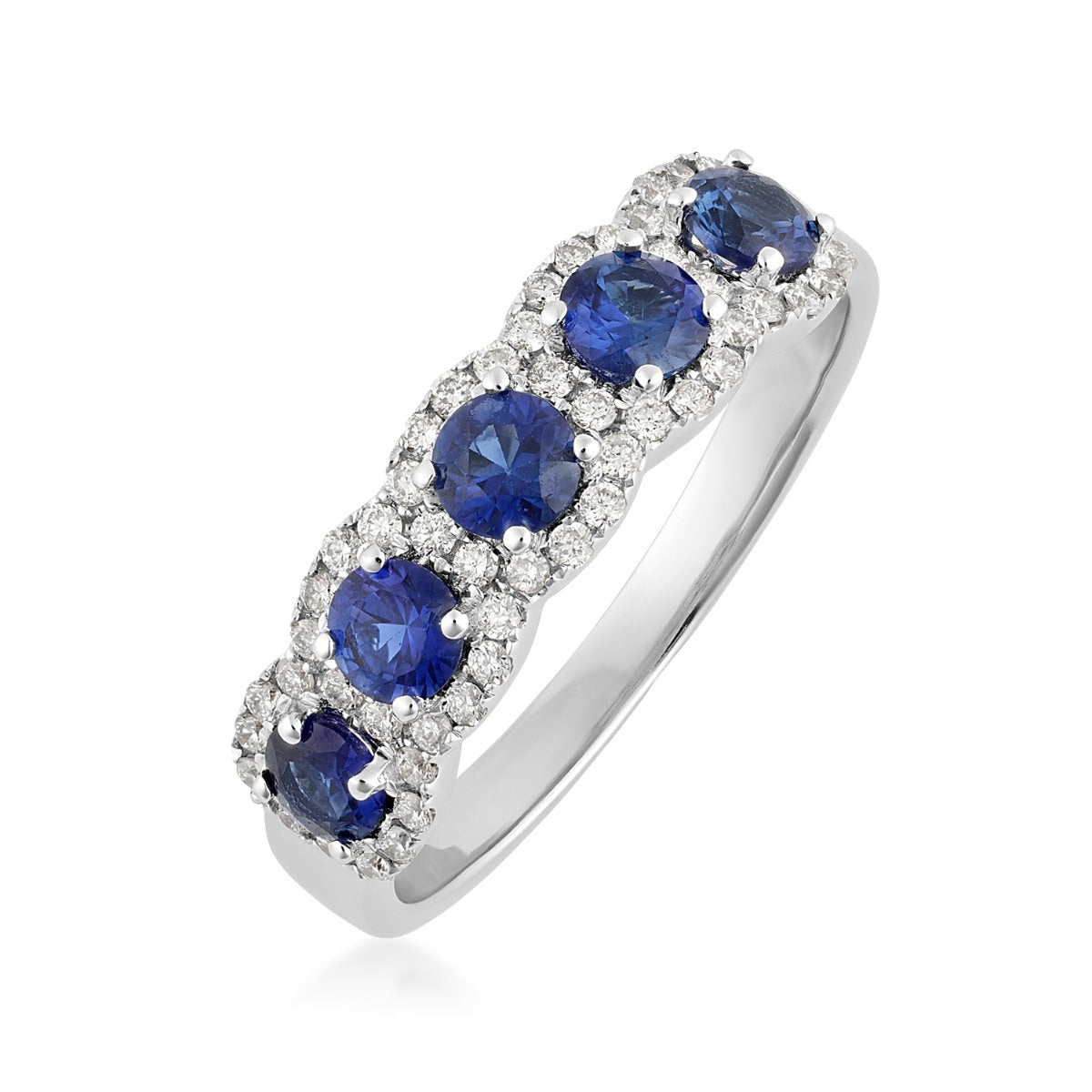 Round Sapphire & 1/4 ct. tw. Diamond Ring in 14K White Gold front view
