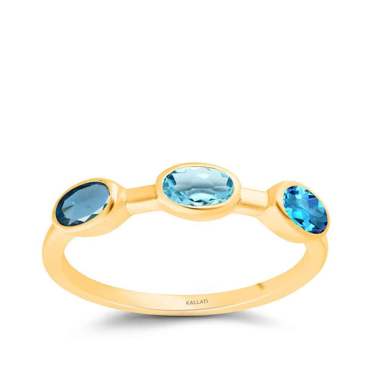 Kallati 3-Stone Oval Blue Topaz Ring in 14K Yellow Gold