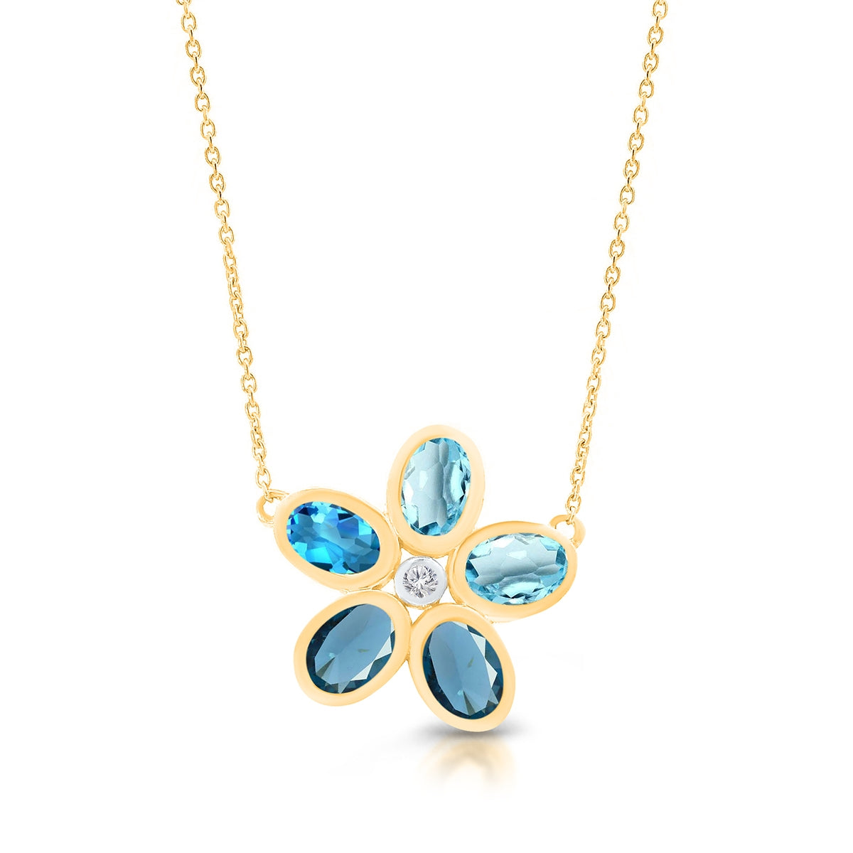 Kallati Oval Blue Topaz & Diamond Accent Floral Necklace in 14K Yellow Gold