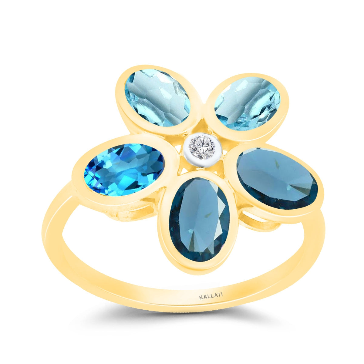 Kallati Oval Blue Topaz & Diamond Accent Floral Ring in 14K Yellow Gold